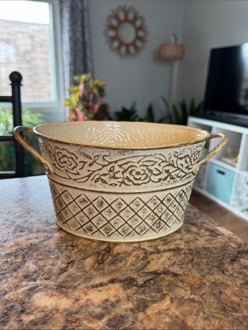Vintage-Inspired Cream Decorative Metal Planter with Handles
